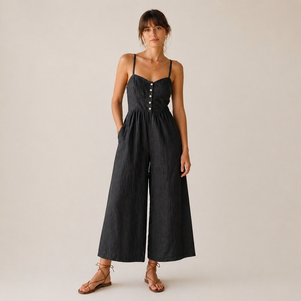 Madewell Black Linen Wide Leg Jumpsuit Sz 0 NWT